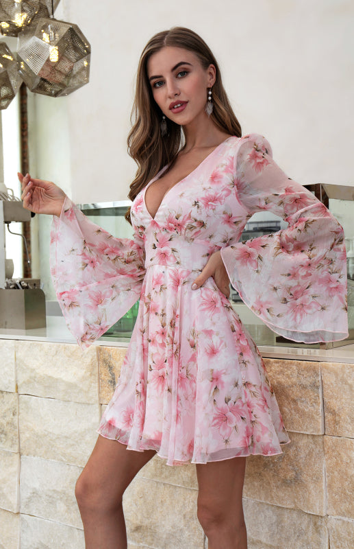Bohemian Sexy V-Neck Floral Print Bell Sleeve Dress