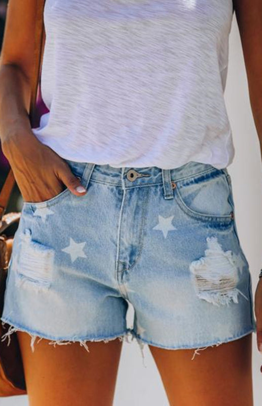 Women's Denim White Star Ripped Frayed Shorts