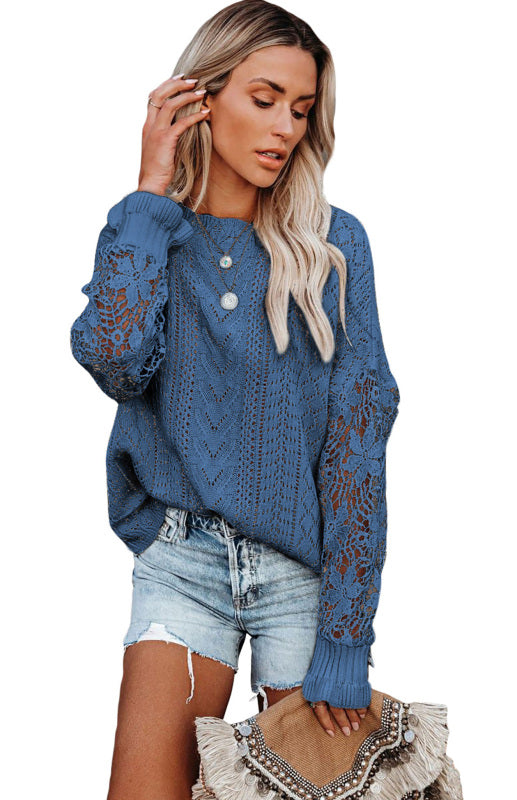 Women's Long Sleeve Cutout Petal Crochet Sleeve Boho Sweater