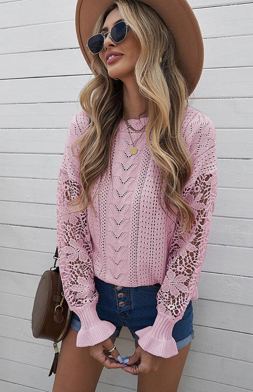 Women's Long Sleeve Cutout Petal Crochet Sleeve Boho Sweater