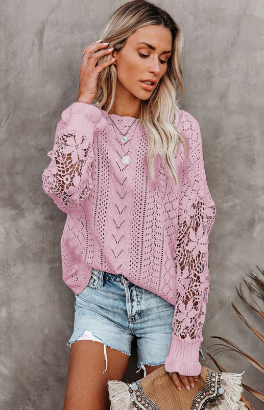 Women's Long Sleeve Cutout Petal Crochet Sleeve Boho Sweater