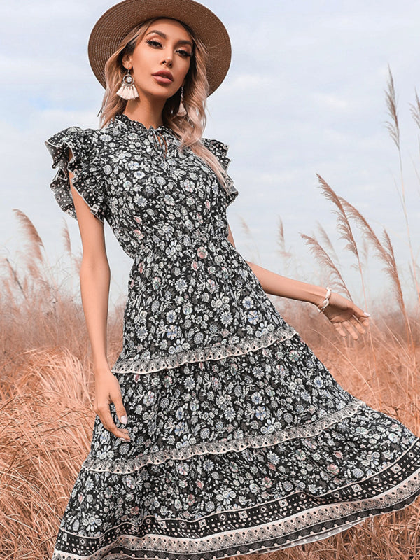 Romantic Flowers Ruffle Sleeves Boho Modern Tiered Maxi Dress