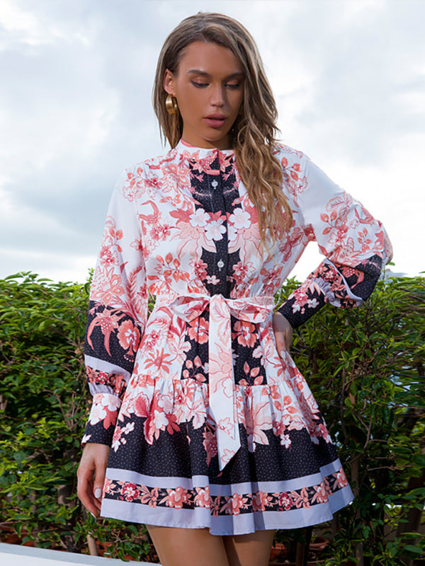 Women’s Multi Pattern Floral Tea Party Mini Dress With Puffy Sleeves And High Button Up Collar