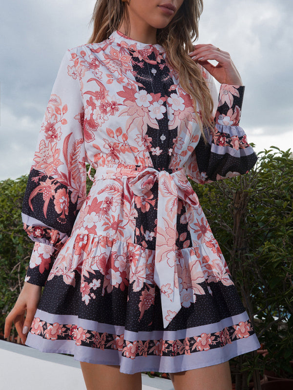 Women’s Multi Pattern Floral Tea Party Mini Dress With Puffy Sleeves And High Button Up Collar