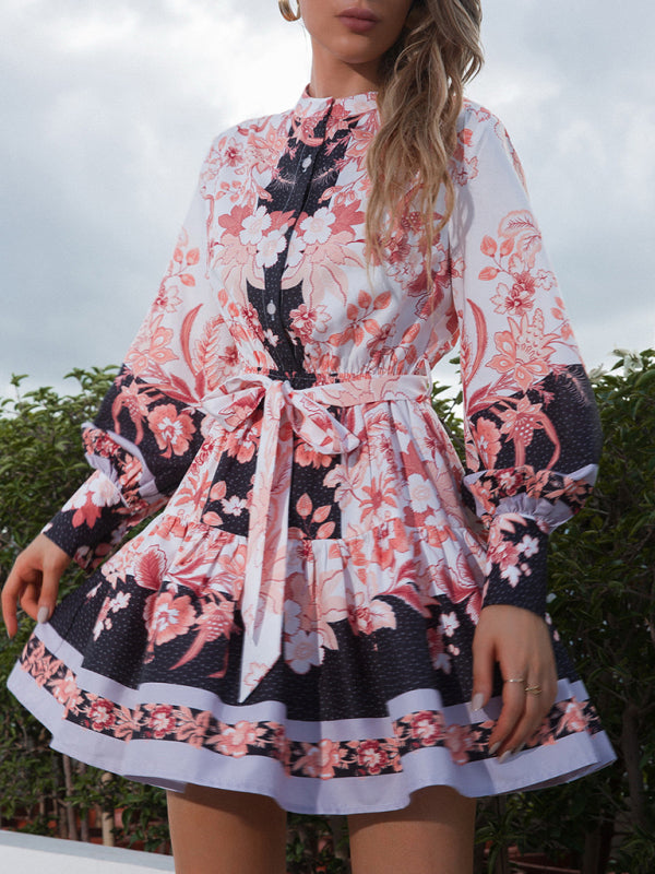 Women’s Multi Pattern Floral Tea Party Mini Dress With Puffy Sleeves And High Button Up Collar