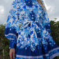 Women’s Multi Pattern Floral Tea Party Mini Dress With Puffy Sleeves And High Button Up Collar