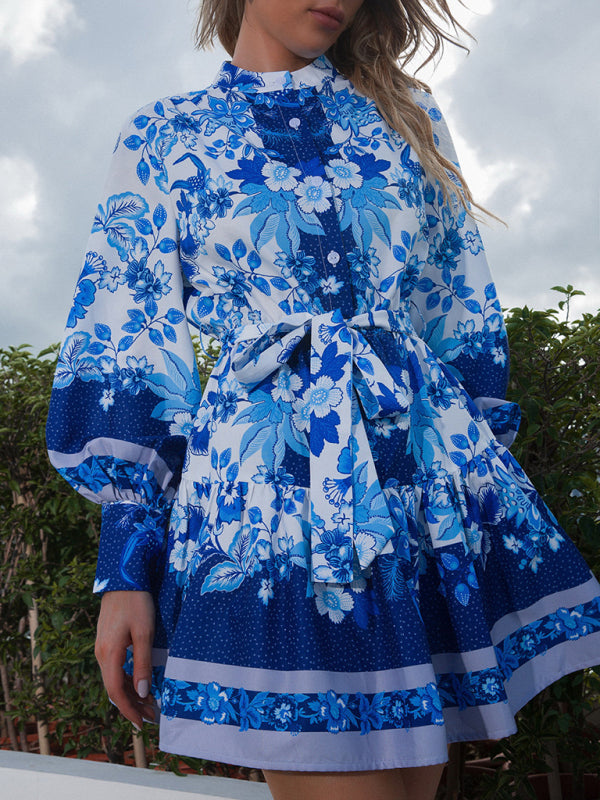 Women’s Multi Pattern Floral Tea Party Mini Dress With Puffy Sleeves And High Button Up Collar