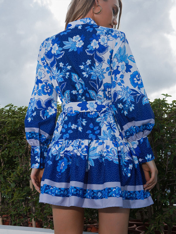 Women’s Multi Pattern Floral Tea Party Mini Dress With Puffy Sleeves And High Button Up Collar