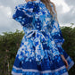 Women’s Multi Pattern Floral Tea Party Mini Dress With Puffy Sleeves And High Button Up Collar