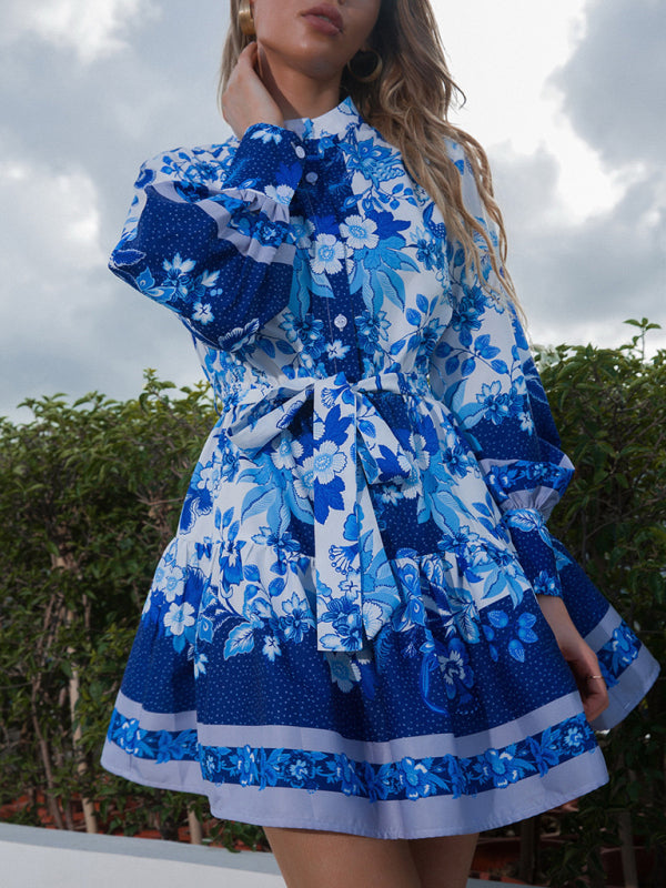 Women’s Multi Pattern Floral Tea Party Mini Dress With Puffy Sleeves And High Button Up Collar