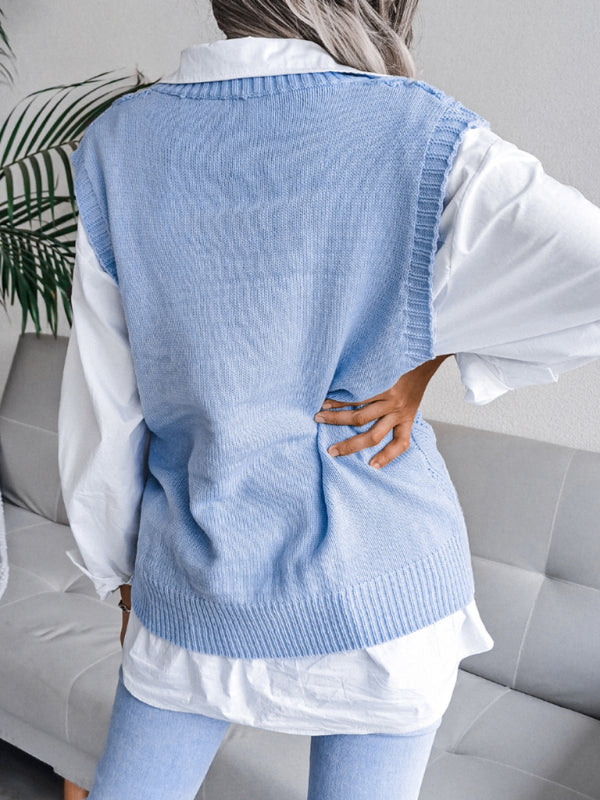 Fall Deep V-Neck Solid Color Hollow Diamond Sweater Vest