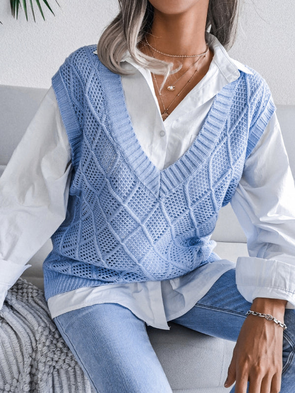 Fall Deep V-Neck Solid Color Hollow Diamond Sweater Vest