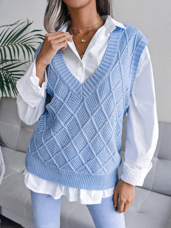 Fall Deep V-Neck Solid Color Hollow Diamond Sweater Vest
