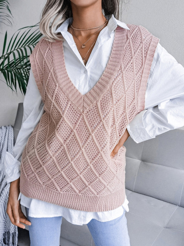 Fall Deep V-Neck Solid Color Hollow Diamond Sweater Vest
