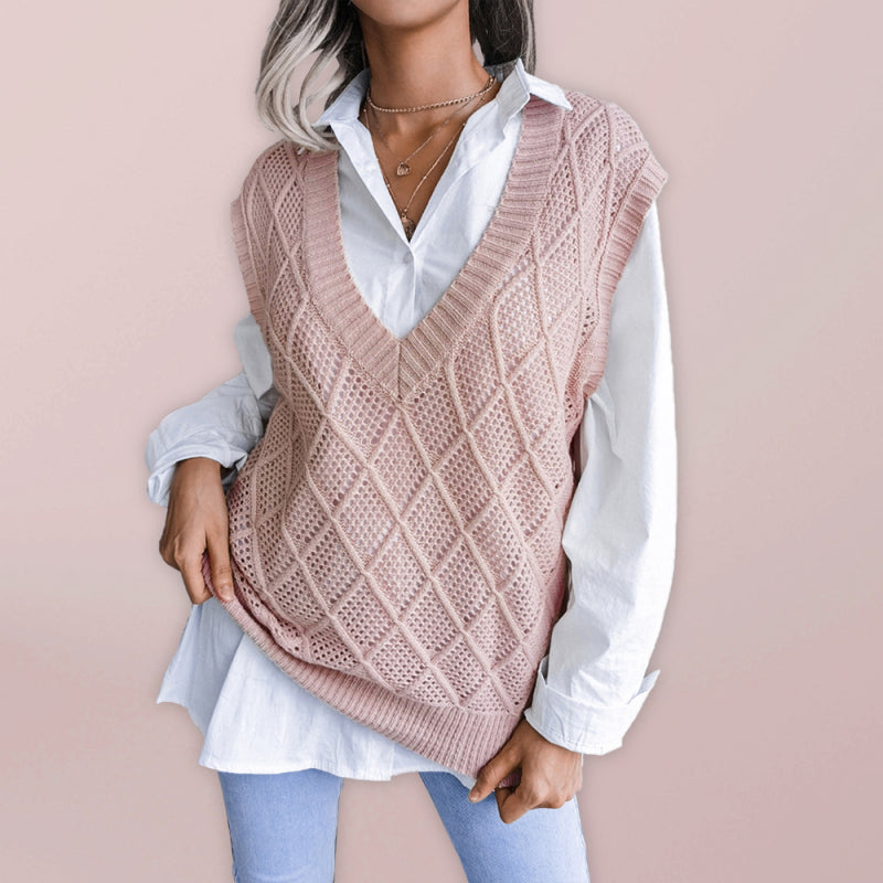 Fall Deep V-Neck Solid Color Hollow Diamond Sweater Vest