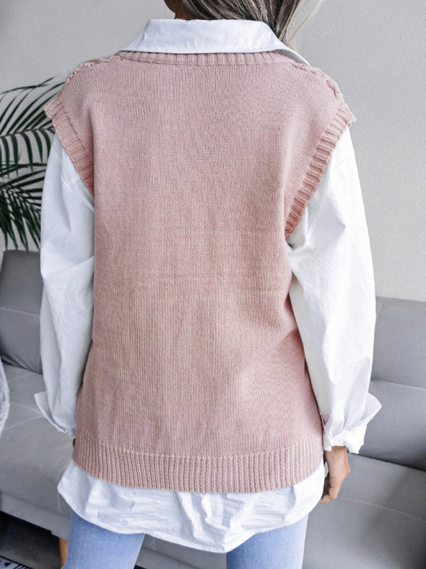 Fall Deep V-Neck Solid Color Hollow Diamond Sweater Vest