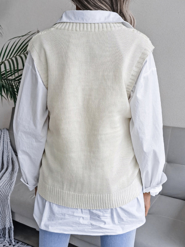 Fall Deep V-Neck Solid Color Hollow Diamond Sweater Vest