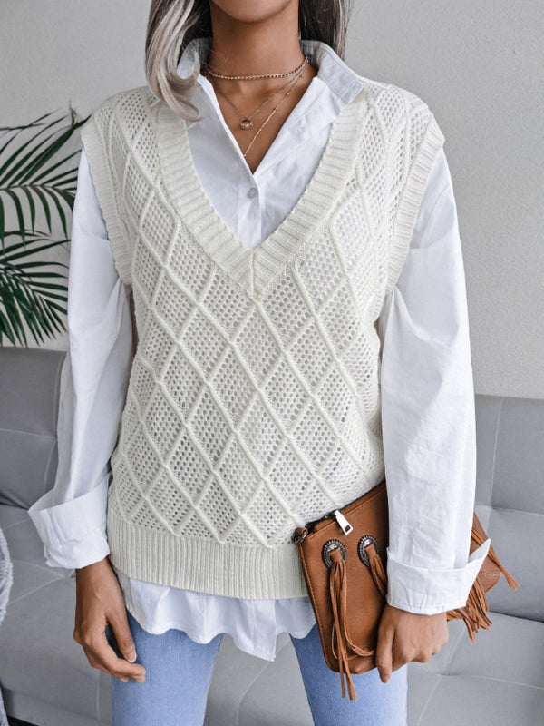 Fall Deep V-Neck Solid Color Hollow Diamond Sweater Vest