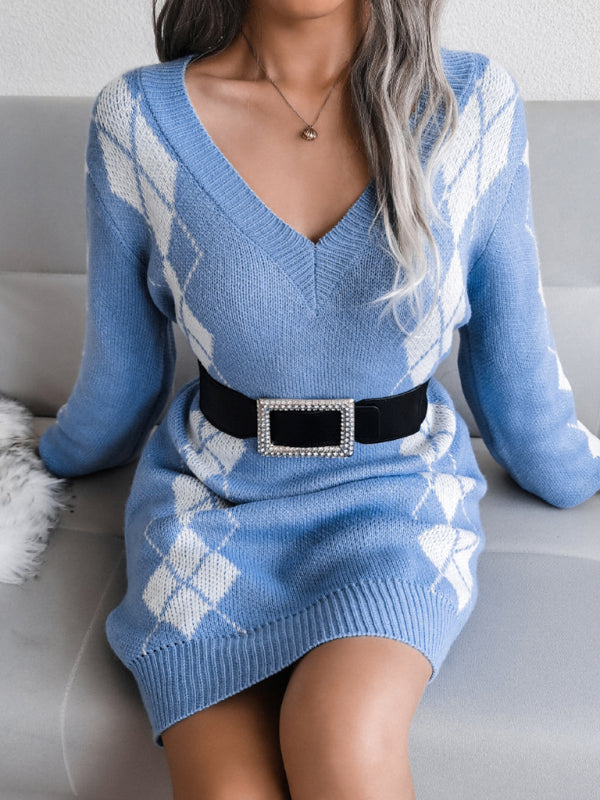 Argyle Sweater Knit V-Neck Fall Mini Dress