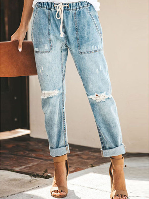 Women’s Cinched Waist Denim Cargos With Cuffed Ankle And Ripped Knee