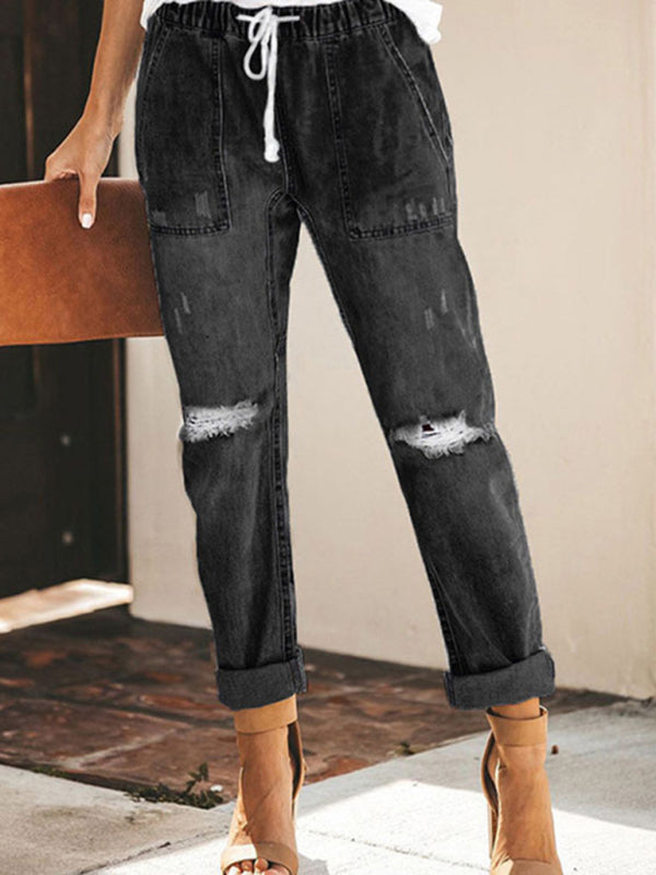 Women’s Cinched Waist Denim Cargos With Cuffed Ankle And Ripped Knee