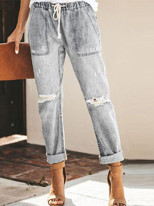 Women’s Cinched Waist Denim Cargos With Cuffed Ankle And Ripped Knee
