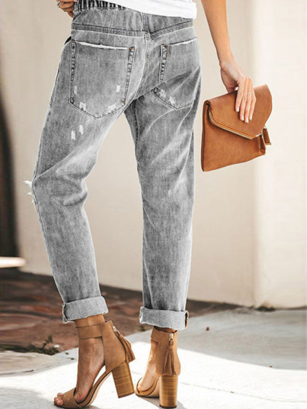 Women’s Cinched Waist Denim Cargos With Cuffed Ankle And Ripped Knee