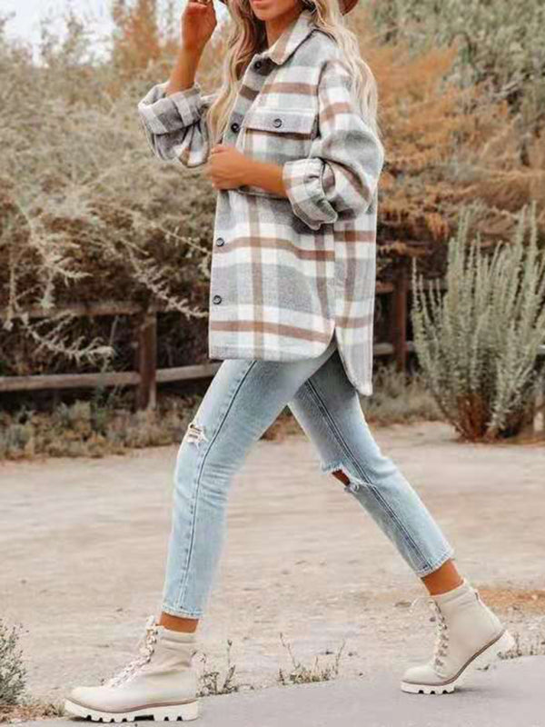 Women’s Long Sleeves Button Cuffs Plaid Shirt Jacket Shacket