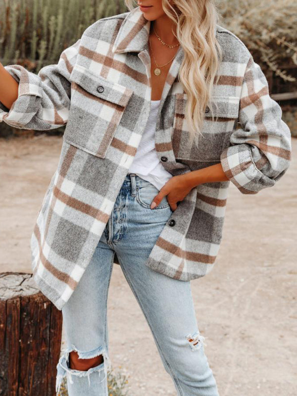 Women’s Long Sleeves Button Cuffs Plaid Shirt Jacket Shacket