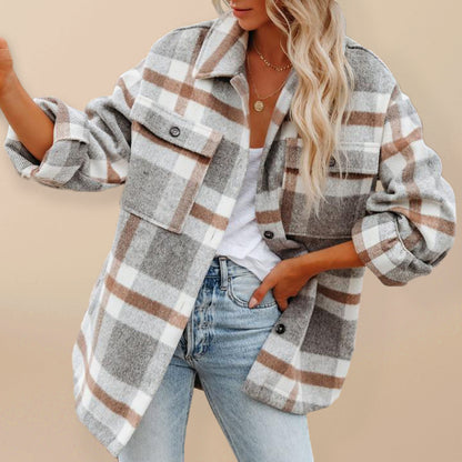 Women’s Long Sleeves Button Cuffs Plaid Shirt Jacket Shacket