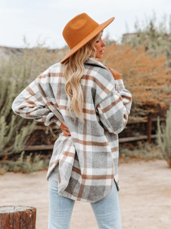 Women’s Long Sleeves Button Cuffs Plaid Shirt Jacket Shacket