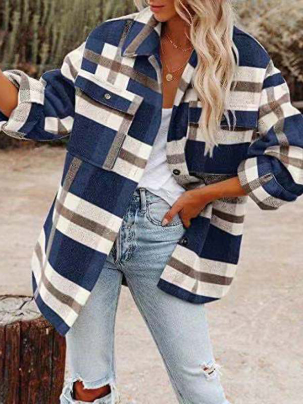 Women’s Long Sleeves Button Cuffs Plaid Shirt Jacket Shacket