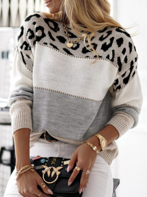 Bohemian Ladies Leopard Print Round Neck Color Block Knit Sweater