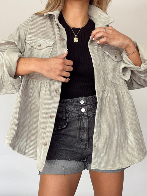 Women’s Comfort Collar Long Sleeves Corduroy Babydoll Button Front Shirt