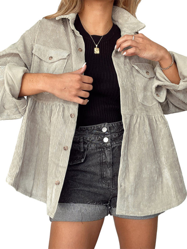 Women’s Comfort Collar Long Sleeves Corduroy Babydoll Button Front Shirt