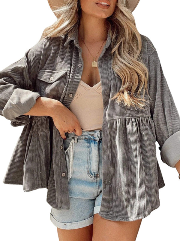 Women’s Comfort Collar Long Sleeves Corduroy Babydoll Button Front Shirt