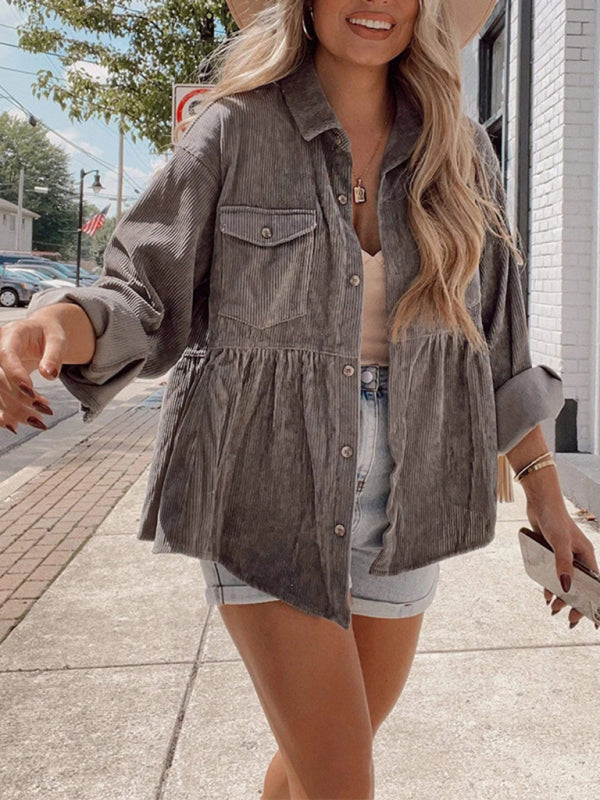 Women’s Comfort Collar Long Sleeves Corduroy Babydoll Button Front Shirt