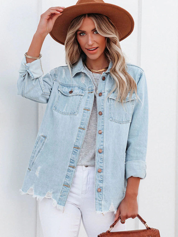 Women’s Raw Hem Patch Pocket Trendy Button Front Denim Shirt Jacket