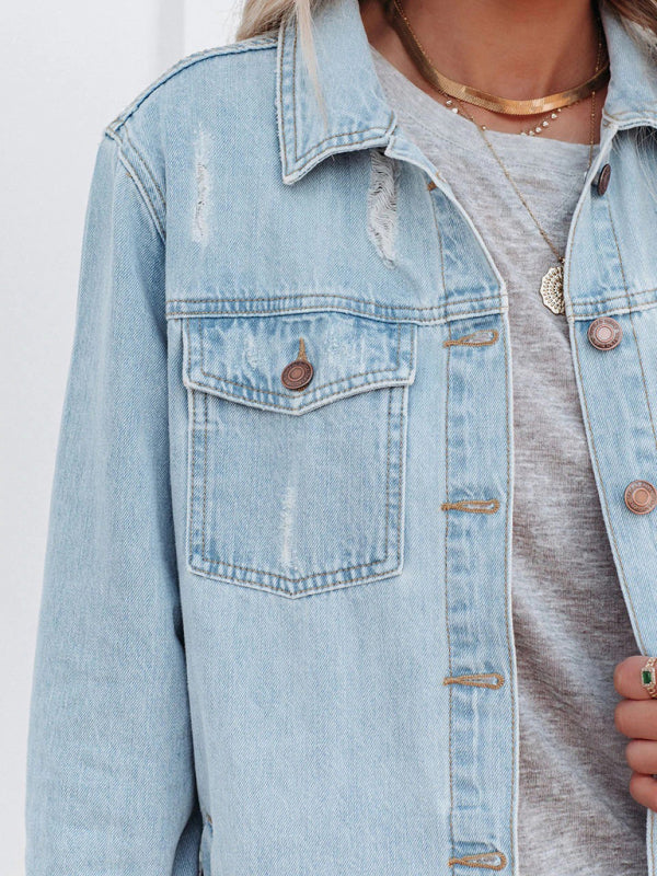 Women’s Raw Hem Patch Pocket Trendy Button Front Denim Shirt Jacket