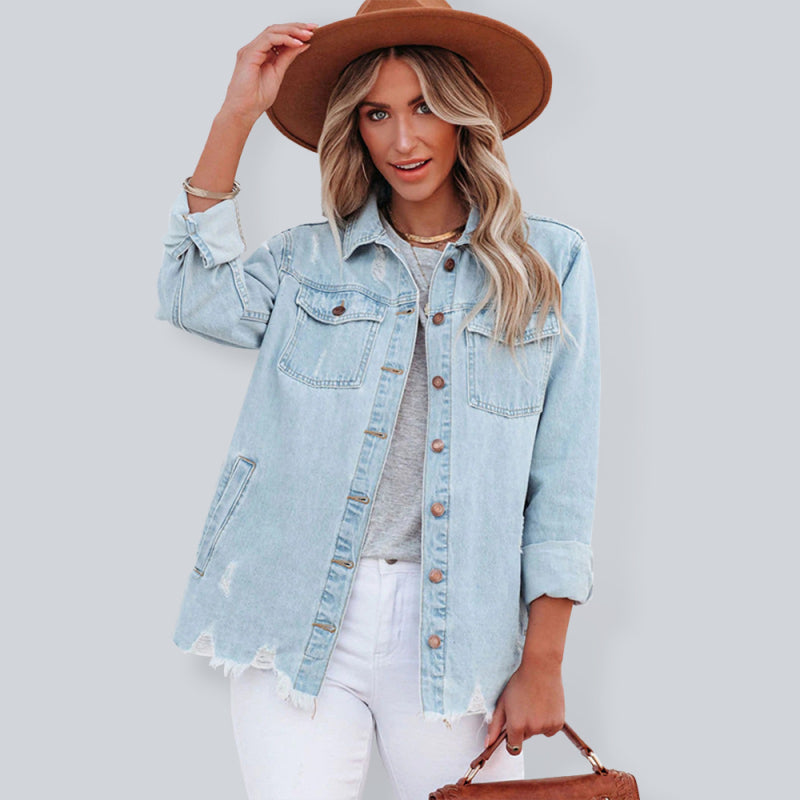 Women’s Raw Hem Patch Pocket Trendy Button Front Denim Shirt Jacket