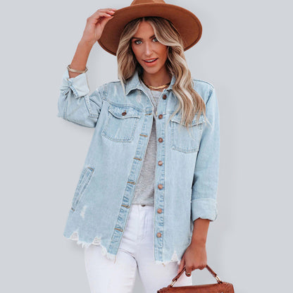 Women’s Raw Hem Patch Pocket Trendy Button Front Denim Shirt Jacket