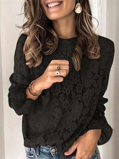 Women’s Solid Romantic Crew Neck Long Sleeve Bell Cuffs Sheer Lace Blouse