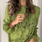 Women’s Solid Romantic Crew Neck Long Sleeve Bell Cuffs Sheer Lace Blouse