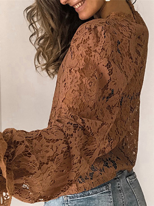 Women’s Solid Romantic Crew Neck Long Sleeve Bell Cuffs Sheer Lace Blouse