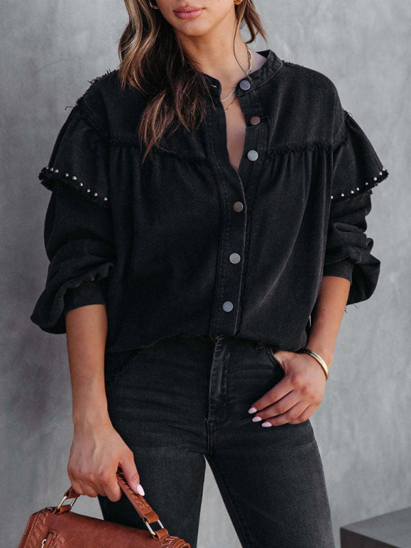 Women’s Boho Western Solid Color Ruffled Sleeve Button Down Top