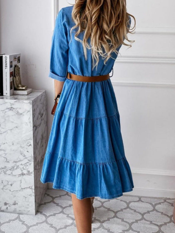 Women's Belted Tiered Skirt Long Sleeve Denim Shirt Dress Blue / M