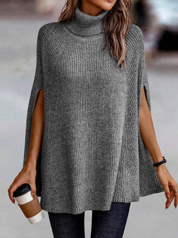 Women's Solid Color Ribbed Turtleneck Sweater Cape