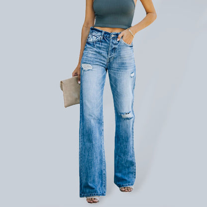 Women's Fashion Ripped Wide Leg Denim Jeans