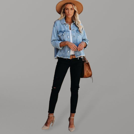 Women's Cropped Trendy Frayed Hem Denim Jacket