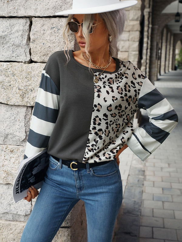 Boho 90's Inspired Colorblock Leopard and Stripe Long Sleeve Top
